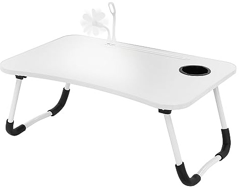 ML-Design Laptopbord för säng/soffa, vitt, 60x40 cm, hopfällbart sängbord, laptopbord med 4 USB-laddningsuttag, låda, USB-lampa, fläkt, surfplatteställ, dryckeshållare, laptopställ Lapdesks