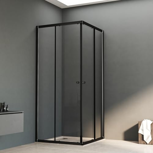 Duschkabine 80x80cm Eckeinstieg mit Schiebetüren 6mm ESG Glas Matt Schwarz Duschabtrennung Dusche Duschwand Höhe 185cm ohne Duschtasse