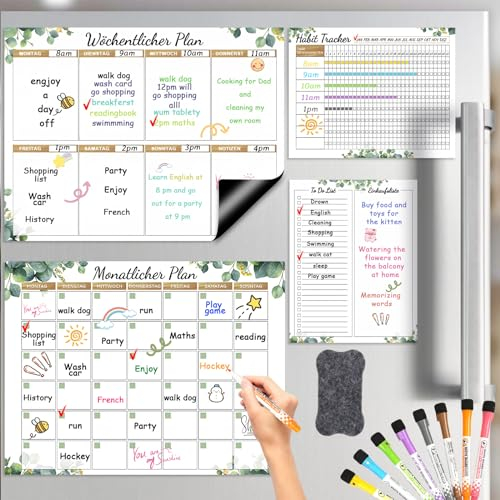 YIMAKJ Magnetischer Wochenplaner 4 Stk, Monatsplaner To-do Tafel Habit Tracker, Abwischbare Planungstafeln Whiteboard Speiseplan for Büro, Schulsachen, Küche, Office
