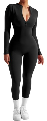 SUUKSESS Women Long Sleeve Ribbed Jumpsuit Sexy Zip up Front Workout One Piece Bodycon Jumpsuit Romper (Black, L)