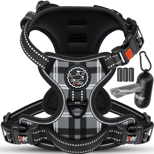 LOVPET® Hundegeschirr ohne Zug & Würgen für kleine Hunde & Welpen atmungsaktiv & weich Brustgeschirr reflektierend | No-Pull-Geschirr inkl.Beutelrollen | Verstellbares Geschirr mit Griff Anthrazit-M