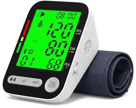 Tensiomètre Électronique Numérique, Grand Écran LCD Rétroéclairé Vert, Mesure de Pression Artérielle et Fréquence Cardiaque, Interface USB Prononciation Anglaise Guidance