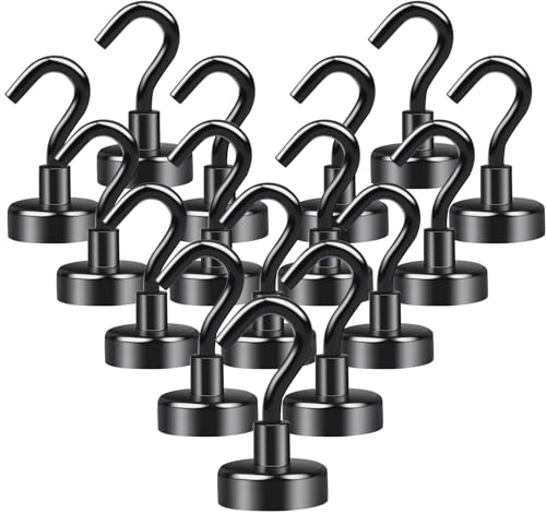 FPMYB 16 Stück Magnet Haken Schwarz, 20kg Extra Stark 20 mm Neodym Magnethaken, Super Starke Magnete Mit Haken für Kreuzfahrt, Grill BBQ, Küche, Gadgets, Büro