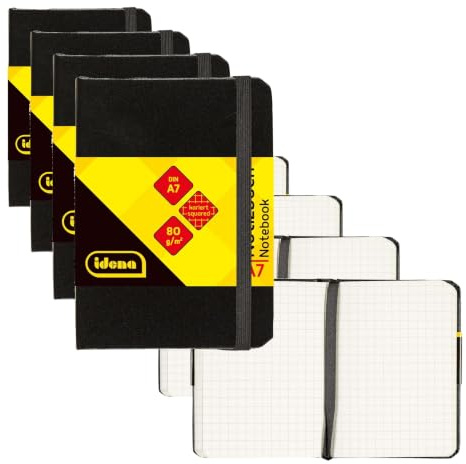 Idena 209283 - Notizbuch DIN A7, kariert, Papier cremefarben, 192 Seiten, 80 g/m², Hardcover in schwarz, 1 Stück (Packung mit 4)