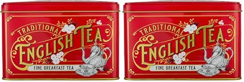New English Teas Vintage Victorian Tea Tin in Berry-Red with 40 English Breakfast Teabags (Pack of 2)