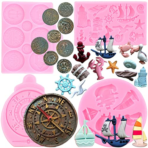 RFGHAC 4 Stück Segelschiff Silikonformen Kompass Anker Ruder Rettungsring Leuchtturm Fondant Formen Schatz Münzen Schokoladenform für Cupcake Kuchen Topper Dekoration Süßigkeiten Polymer Clay