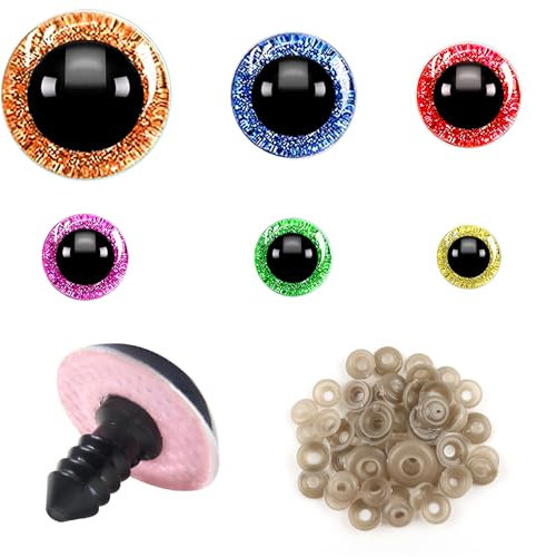 TOAOB 60 Stück Sicherheitsaugen Puppenaugen Glitzer 12mm bis 30mm Kunststoff Basteln Augen Bunt Knopfaugen mit Unterlegscheiben für Häkeltiere Puppe Marionette Plüschtier Teddyaugen