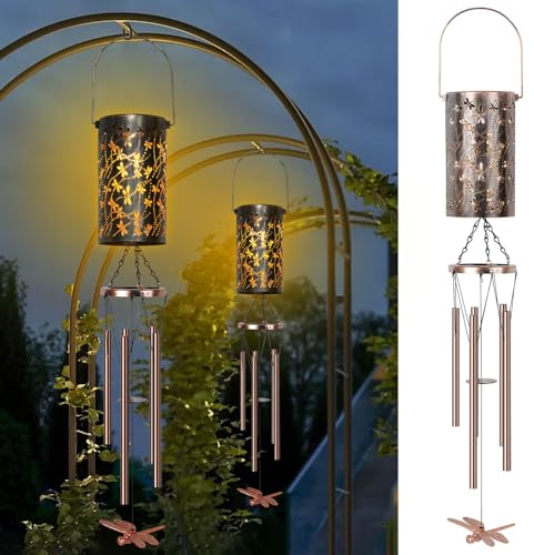 Qoosea Solar Wind Chimes for Outdoor, Waterproof Dragonfly Solar Lights Wind Chimes Birthday Gifts for Mom Grandma Women, Garden Decoration Windchimes for Christmas Outside Decor Lantern