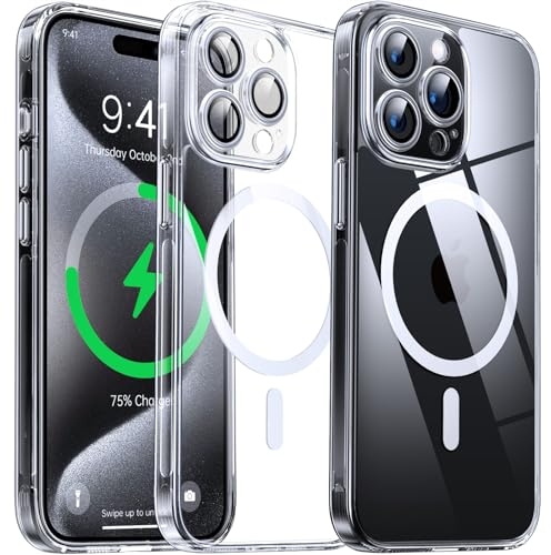 Flyzoo Clear Magnetic Case for iPhone 15 Pro Max (6.7'') Compatible with MagSafe & Camera Protector, [Non-Yellowing] [Shockproof & Antiscratch Protection] Hard Transparent Cover with Silicone, Clear