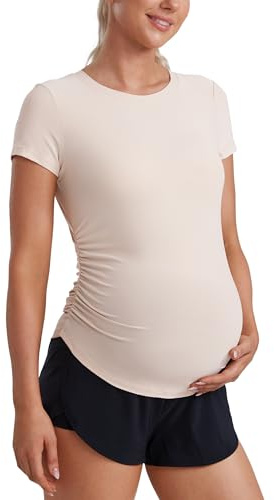 CRZ YOGA Cloudweight Maternity Shirts for Women Pregnancy Short Sleeve Side Ruched Tops Soft Workout Casual Athletic T-Shirt White Opal Medium