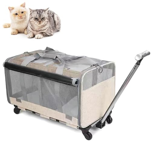 LYXLBX Transportbox Katze Mit Rollen, Rucksäcke Trolley Für Hund Und Katzen Bis 16Kg Katzenrucksack Reisetasche Mit Rollen, Transportbox Für Kleintiere, Transporttasche Mit Zwei Fächern,Khaki