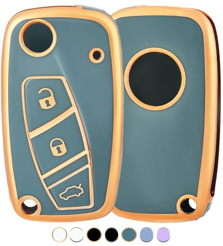 OFF WE GO Autoschlüssel Hülle Schlüsselhülle Cover für FIAT Bravo Doblo Ducate Panda Grande Punto Stilo Ulysse Fiorino Idea Qubo Schlüsselcover 3 Tasten Schlüssel Schutz Gehäuse, Blau Gold
