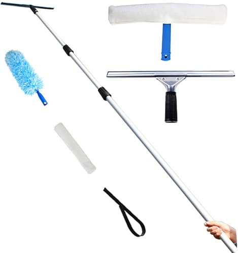 4 6 Meter 7 9 15 M Professional Window Scrubber, 3 In 1 Washing Kit with 2 Windows Squeegee & Washer/ 1 Fan Duster, Glass Cleaning Tools for Indoor/Outside High Window(6M/19.7ft)