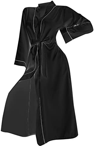 IQYU Peignoir d'été long en satin pour femme - Léger - Doux - Peignoir de sauna - Fin - Manches longues - Élégant - Avec ceinture - Chemise de nuit - Pour mariage, fête, maison, Noir , S