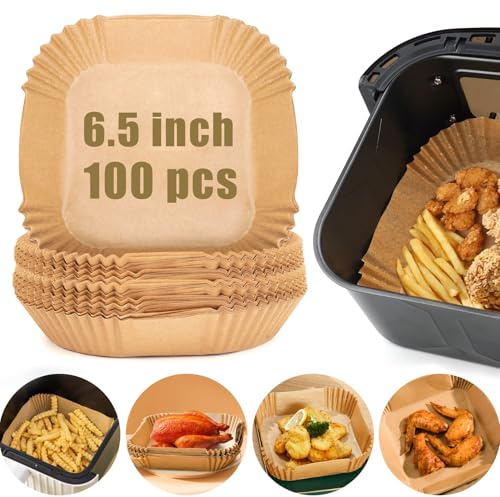 100PCS Air Fryer Parchment Paper Liner, Square Liners Disposable, Greaseproof for Fryer, Food Grade Parchment Paper Oil-Proof (6.5Inch/16cm)