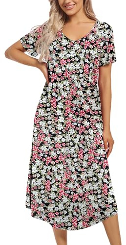 ENJOYNIGHT Nachthemd Damen Kurzarm Schlafshirt Lang Nachtkleid V-Ausschnitt Sleepshirt Weiche Nachtwäsche Hauskleid mit Taschen (X-Large,Schwarz-Blume)