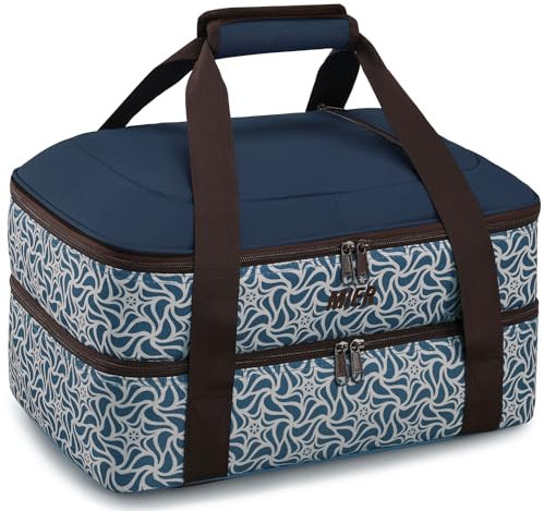 MIER Insulated Casserole Carrier Fits 9x13 Baking Dishes/Foil Pans, Double Food Carriers Bag Thermal Holder for Hot or Cold Food Lasagna Lugger Potluck Parties Picnic Travel, Deep Blue