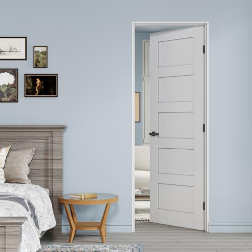 CRUTOP 28 x 80 Prehung Door 5-Panel Slab Doors with Jamb Kit, Solid Core MDF Interior Door for Bathroom Pantry Laundry, White Primed Easy Assemble - Right Handed Black Hinge