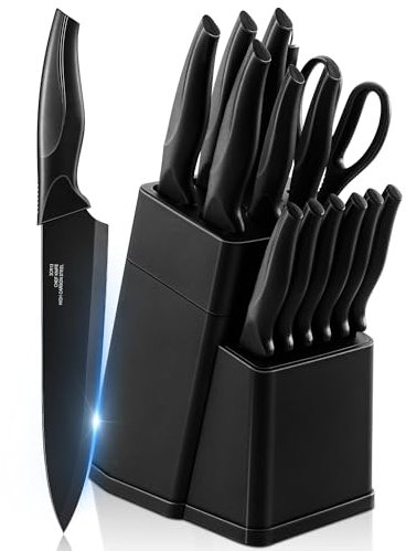 HaWare Messerblock mit Messerset, 15-teiliges Edelstahl Messer Set mit Block, Scharfes Küchenmesser Set mit Wetzstahl/Schere/Steakmesser, Profi Kochmesser für Schneiden Hacken Zerkleinern, Schwarz