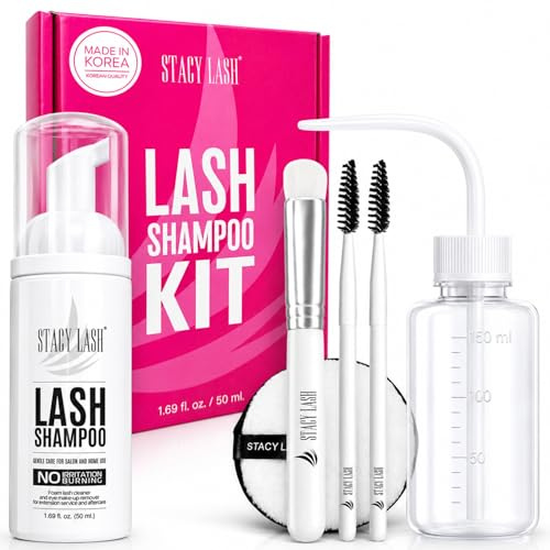 Lash Shampoo 50ml Kit by STACY LASH Foaming Cleanser with Eye Lash Spoolies & Rinse Bottle & Cleansing Pad & Brush for Eyelash Extensions & Clusters & Natural Eyelashes