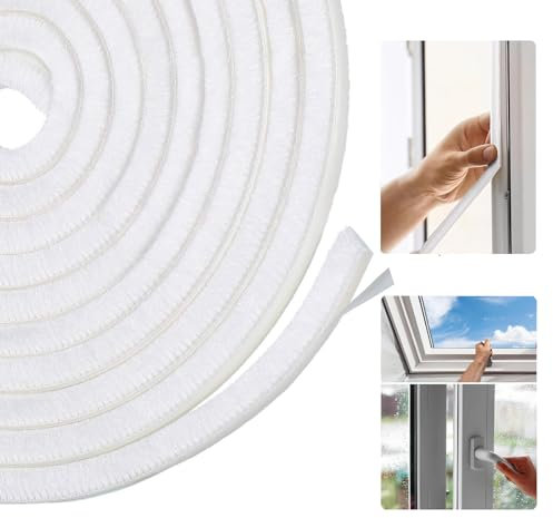 Draft Excluder for Doors Windows, 5 Meters(L) x 9 mm(W) x 5mm(T) Brush Weather Stripping Tape Self-Adhesive Seal Strip White
