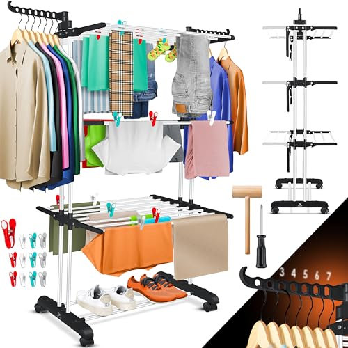 KESSER® - Stendibiancheria a torre con ruote, salvaspazio, per interni ed esterni, 4 piani, 2 ali laterali girevoli e 6 piani pieghevoli, stendibiancheria pieghevole