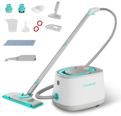 HAUSHOF Pulitore a Vapore Portatile 2000W, 1,5L, 4 Bar, 8 Min Riscaldamento, Lavapavimenti a Vapore Multifunzione con 16 Accessori e Cavo 3m, per Pavimenti, Tappeti, Finestre, Cucina