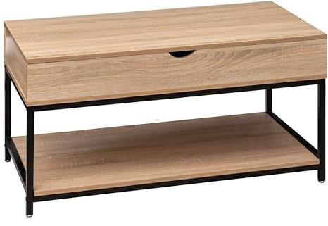 Miroytengo Mesa de Centro Elevable Aliaj con Compartimento Interno en Color Negro y Roble Claro 95x50 cm