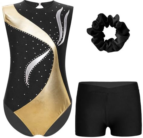 EKalgretrA Gymnastikanzug Mädchen Gymnastik-Outfit for Mädchen, metallisch glänzend, Patchwork, Schlüsselloch-Rücken, ärmellos, Overall, Ballett-Tanzanzug mit Shorts(Black,12Y)