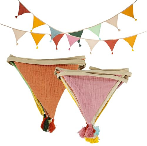 2 Set Bandierine Colorate Lavabile Triangolo Bandierine Stoffa Bandierine Compleanno Festoni Compleanno Tessuto Bunting per Decorazioni Compleanno Matrimonio Festa(Morandi Verde,Morandi Rosa)