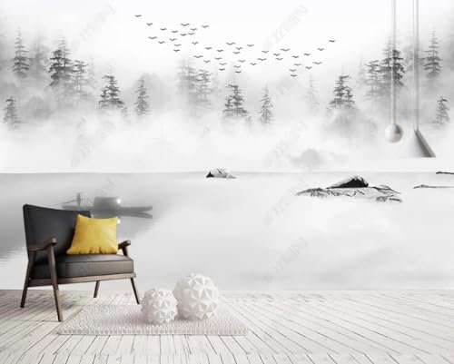 XLMING Black and White Forest Birds Boats River 3D Wallpaper Home Study Office Dining Room Sofa Bedroom Living Room TV Backdrop-430cm×300cm