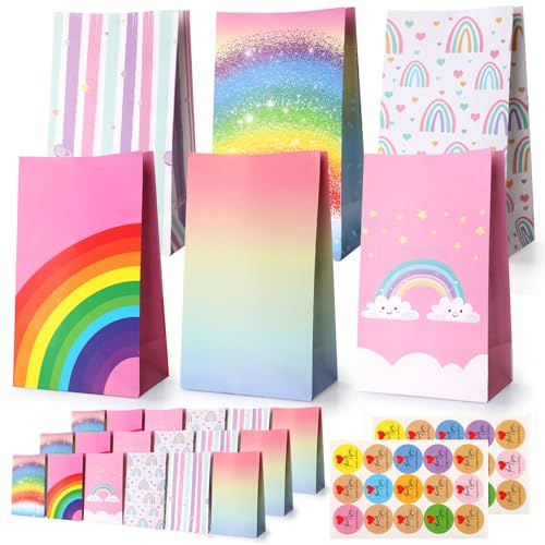 Secpeak 18 Stück Geschenktaschen Regenbogen, DIY Bunt Papierstau Tüten Butterbrottüten Süßigkeiten Plätzchen Mitgebseltüten Partyzubehör con 30 Aufkleber, 22 * 13 * 8cm