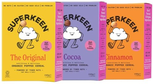 SUPERKEEN Breakfast Cereal, Cinnamon, Cocoa Crisp | Gluten Free Cereal with Tiger Nuts | High Fibre, Vegan, Nut Free, Organic | Anti-Inflammatory Superfood for Gut Health - Variety Pack (240g Each)