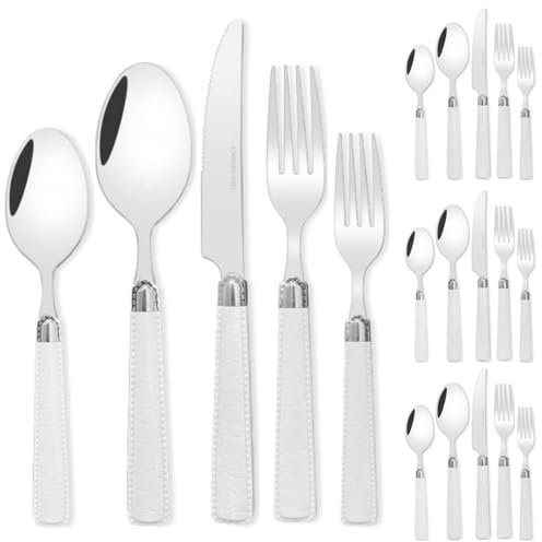 Genérico Juego de Cubiertos de Cocina de Acero Inoxidable con Mango de Cuero ABS. Incluye Cuchillo, Tenedor, Cuchara y cucharilla Blanca (20 Piezas).
