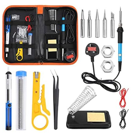 Premium 60w Soldering Iron Kit for DIY Repairs Fast Heating Adjustable Temperature 5 Precision Tips Desoldering Pump Solder Wire Wire Stripper Cutter All in One Electric Welding Tool Set with Storage