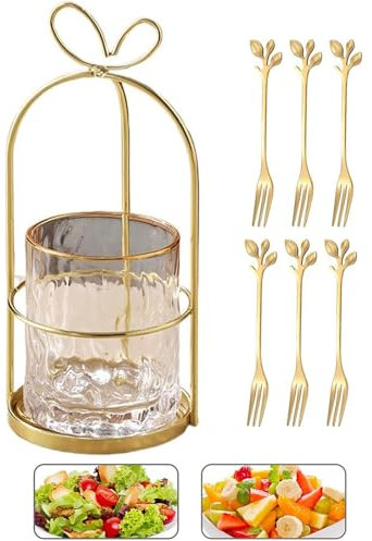 6-Piece Stainless Steel Fruit & Dessert Forks Set with Decorative Holder, Elegant Forks for Cake, Cocktails, Kitchen Display & Home Decor, Afternoon tea forks