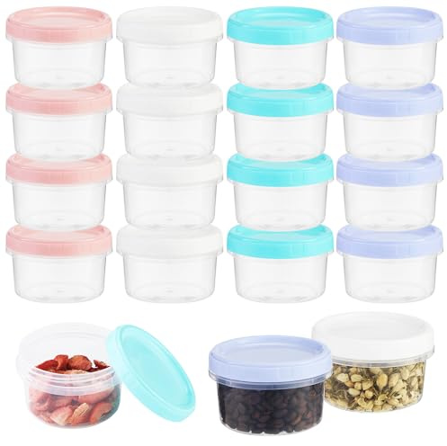 BUCOMTU 16 Stück 200ML Gefrierdosen Klein, Kleine Dosen mit Deckel Plastik 4 Farben, Wiederverwendbare Snackdose, Auslaufsichere Schraubverschluss Plastikbehälter, für Mittagessen Joghurt Obst(200ML)