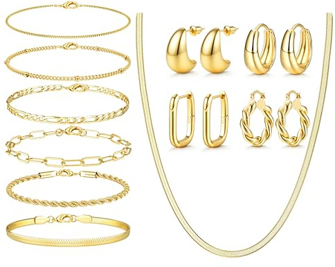 KALVICA 15 Stück Schmucksets für Damen Creolen Goldene Ohrringe Set Halskette Armbander Mehrpack Layering Ketten Set Wasserfest Goldschmuck Damen