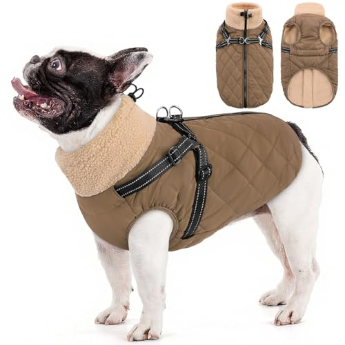 Queenmore Waterproof Dog Coat with Harness - Windproof Fleece Jacket | for Snowy Rainy Weather French Bulldog Cocker Spaniel Whippet, Reflective, Ideal for Hiking, Skiing & Daily Walks (Brown, L)