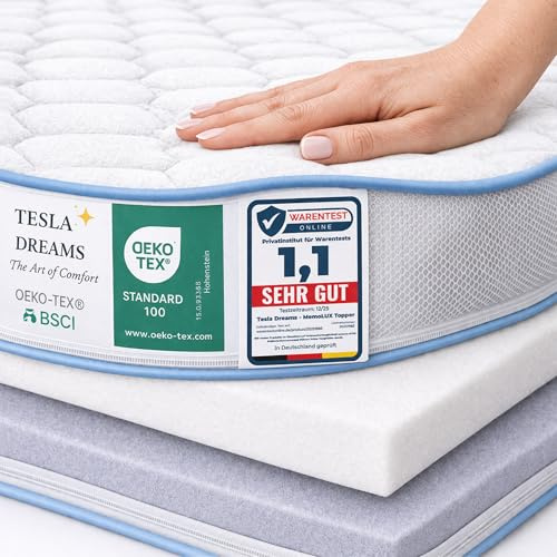 Tesla Dreams MemoLUX Premium Topper 120x200 cm – 12 cm Visco-Memory Foam + Comfort Foam – Pressure Relieving & Ergonomic – Breathable – OEKO-TEX Certified – Removable & Washable Cover