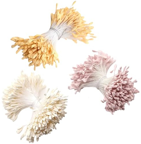 SCDZY 1020 Stück Pfeifenreiniger Blumen Staubblatt 2mm Künstliche Blütenstaubblätter Doppelköpfe Pistil pfeifenreiniger zum basteln Matte Staubgefäße Gelb Rosa Weiß für DIY Blumen Basteln