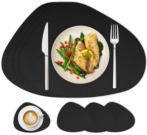 Famibay Platzsets Abwaschbar Tischsets Leder Platzdeckchen rutschfest Schwarz Tischset und Untersetzer 4er Set Hitzebeständig für Tisch Deko Esstisch Esszimmer
