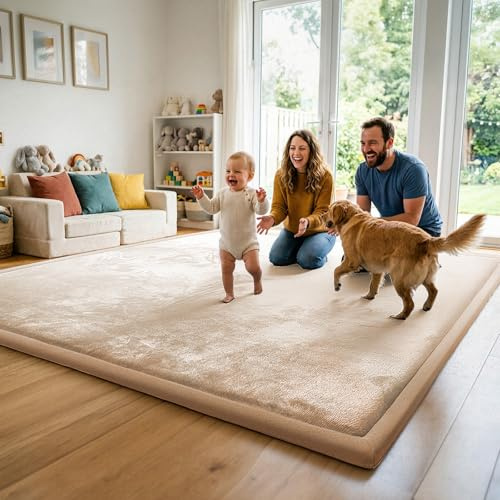 AEOCOO Krabbelmatte Baby 120x170 cm – 3,3 cm extra Dicke Krabbeldecke & Spielmatte aus Schaumstoff, rutschfest, für Laufgitter, Wohnzimmer Kinderteppich, Beige