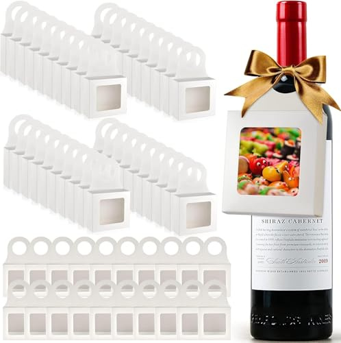 Super Idee 30 Flaschenanhänger Verpackung mit Sichtfenster + 30 Geschenkschleifen Weinflaschen Flaschen Anhänger zum Befüllen für Hochzeit Geburtstag Weihnachten Party Geschenke Verpackung (Weiß)