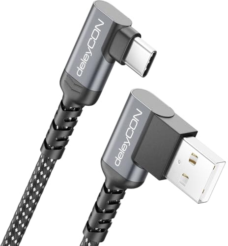 deleyCON 1,5m USB-C Kabel 2x 90° USB-A auf USB-C Ladekabel Datenkabel | 2x gewinkelt für iPhone 17/16/15 Pro Max Air, Galaxy A16/A56/S26/S25/S24/S23, Pixel, AirPods, Notebook, PS5