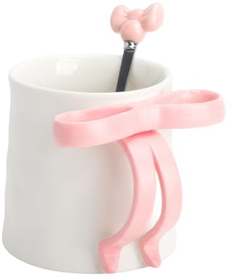 Taza cerámica rosa con lazo 3D – Mug estético 350 ml con cuchara, taza bonita para café, té o leche, estilo Aesthetic para casa y oficina, regalo ideal para mujeres y chicas