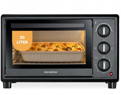 SEVERIN Four posable 20 L, avec grille et plaque de cuisson incluses,1 600 W, thermostat jusqu'à 230 °C, design simple et élégant, Mini-four électrique avec minuteur 120 min, Noir, TO 2078