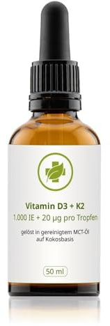 Vitamin D3 K2 Tropfen hochdosiert 50 ml – Premium Vitamin D3 mit 1.000 IE (25 µg) + Hochwertiges K2-MK7 all-trans (20 µg) - Optimale Bioverfügbarkeit - ohne unnötige Zusätze