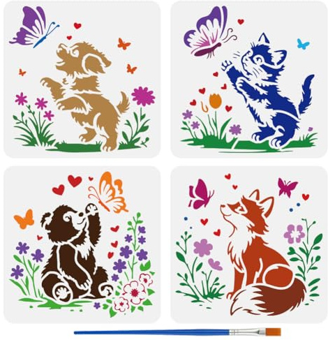 FINGERINSPIRE 4 Stück Malschablone Tiere Mit Schmetterlingen Inklusive Pinsel 15x15cm Katzen Hunde Fuchsjunge Spielen Mit Schmetterling Schablone Tierschablonen Zum Bemalen von Holz Wänden Stoffen