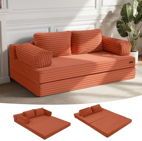 MeMoreCool Sofá cama convertible, sofá cama plegable sin huesos, colchón extraíble con almohadas, sofá de dos plazas plegable para espacios pequeños y dormitorio de invitados, color naranja